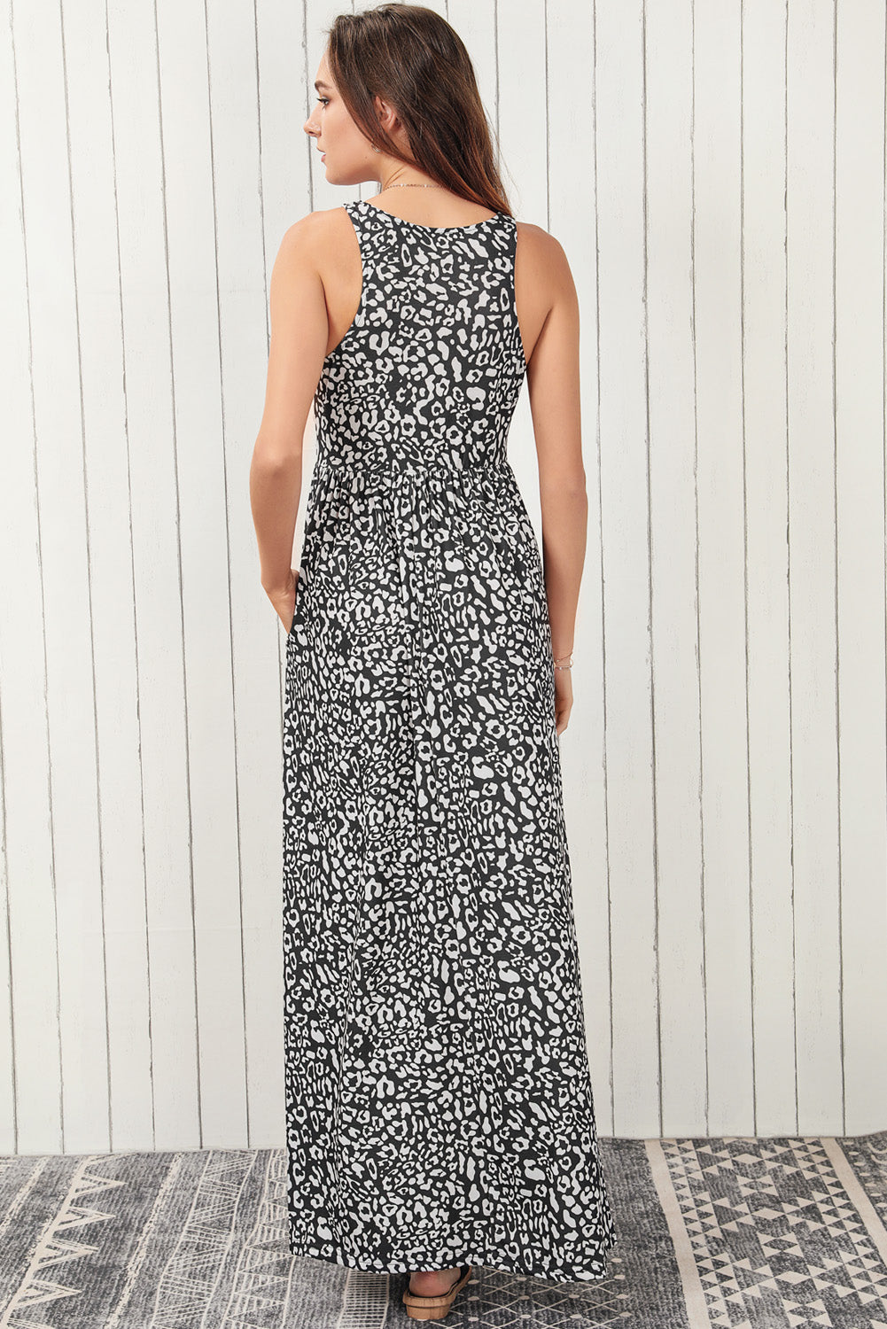 Leopard Print Pocketed Sleeveless Maxi Dress | Gray