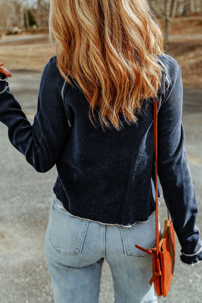 Textured Round Neck Long Sleeve Top | Blue