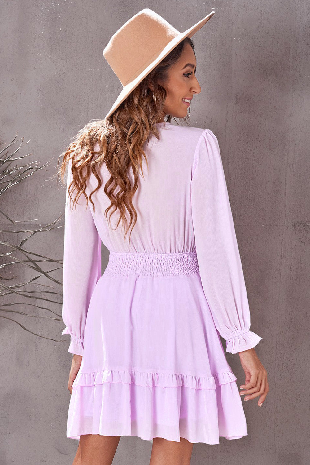 Deep V Neck Lantern Sleeve Knotted Tiered Mini Dress | Pink