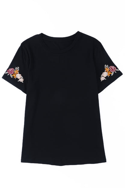 Floral Embroidered Round Neck Short Sleeve T Shirt | Black