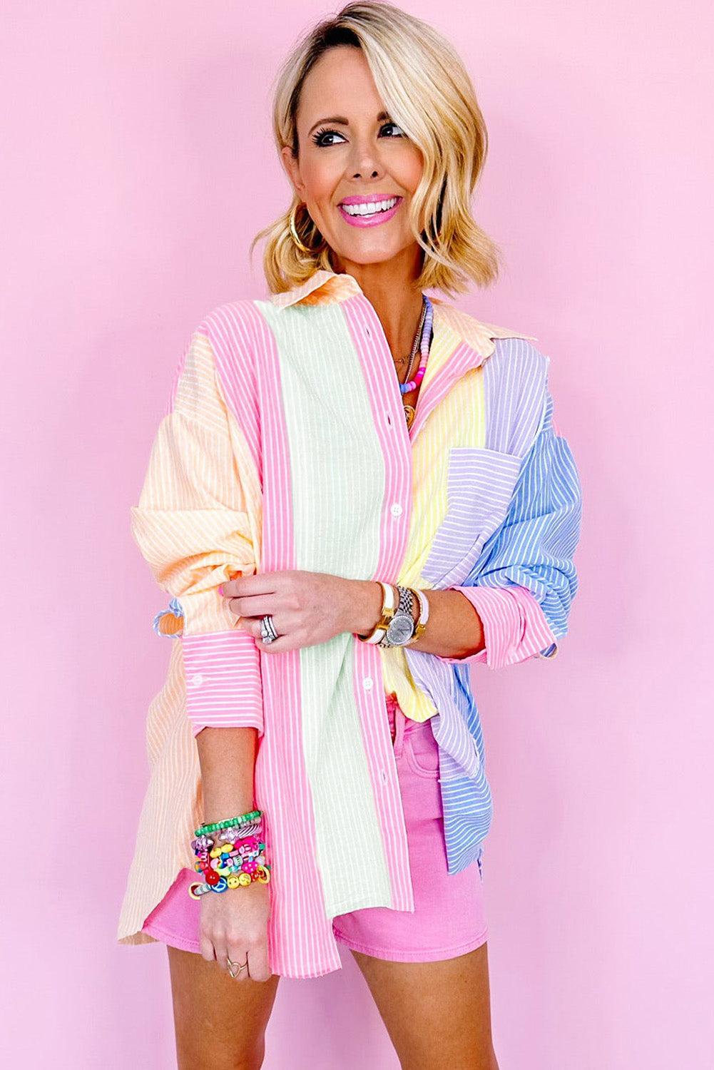 Colour Block Chest Pocket Oversized Shirt | Pink Stripe