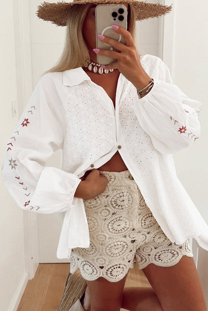 Floral Embroidered Puff Sleeve Eyelet Patchwork Shirt | White