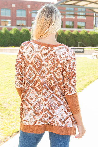 Aztec Print Bishop Sleeve Ribbed Trim Blouse | White Printed