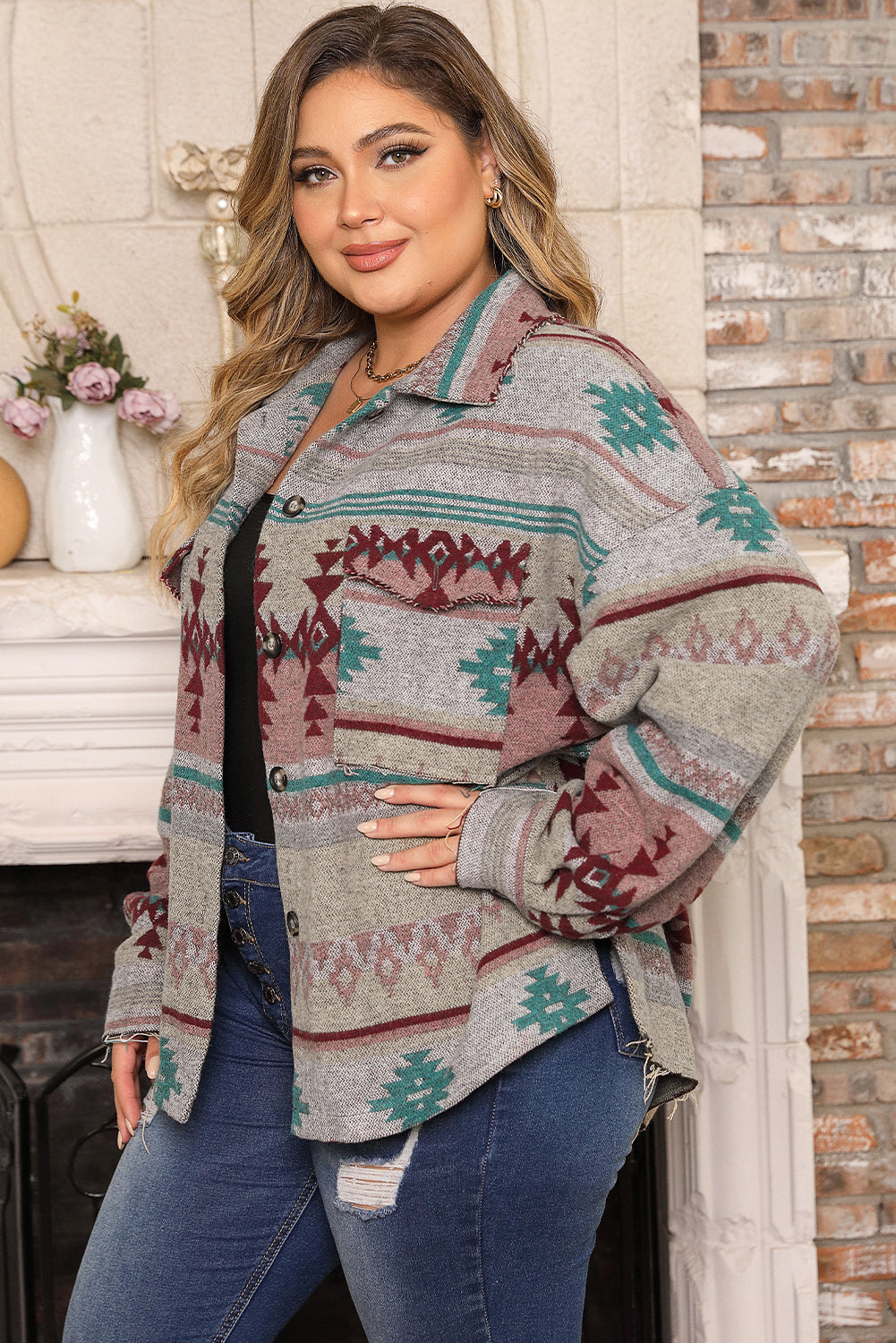 Plus Size Western Aztec Print Button Up Jacket | Multicolour