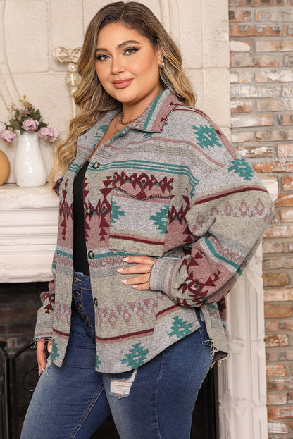 Plus Size Western Aztec Print Button Up Jacket | Multicolour