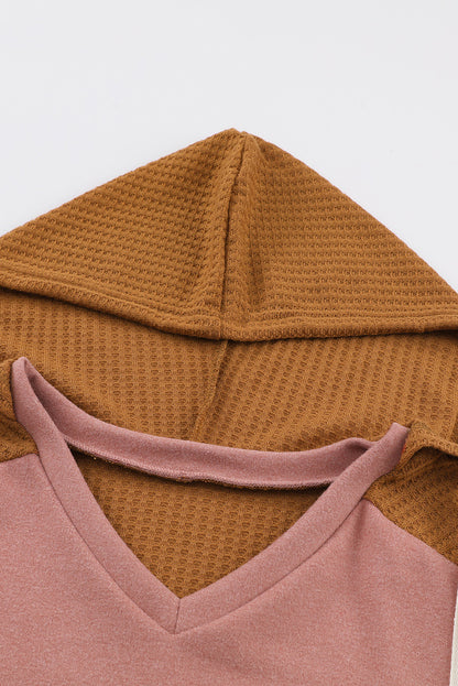 Waffle Knit Patchwork Drawstring V Neck Hoodie | Brown