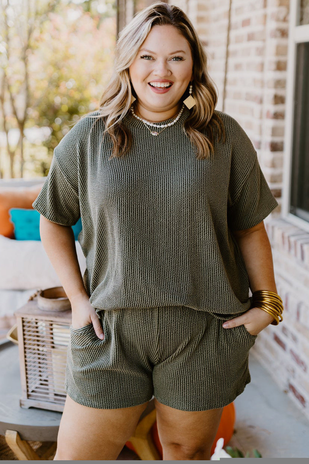 Plus Size Rib Knit Short Sleeve Top And Shorts Set | Moss Green