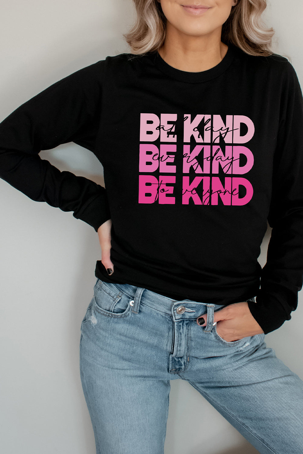 Be Kind Letter Print Crew Neck Pullover Sweatshirt | Black