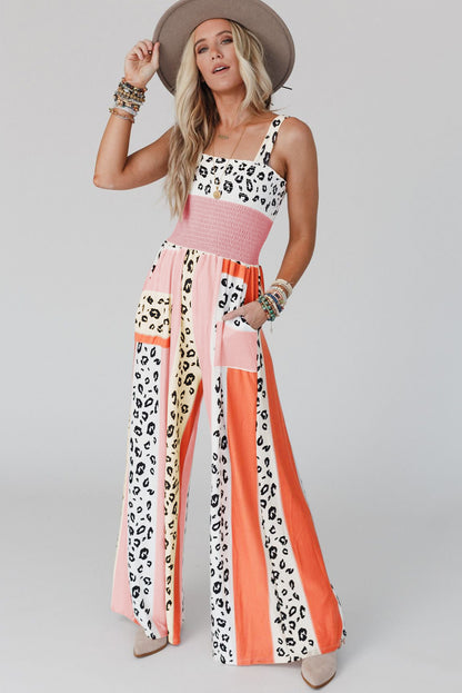 Leopard Colour Block Mix Print Pocketed Jumpsuit | Pink