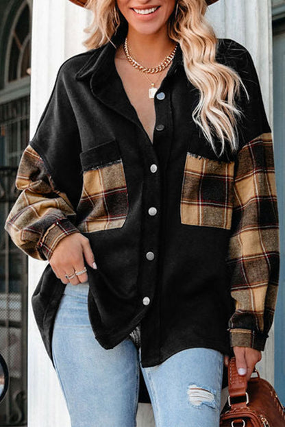 Plaid Patchwork Chest Pockets Oversized Shirt Jacket | Black