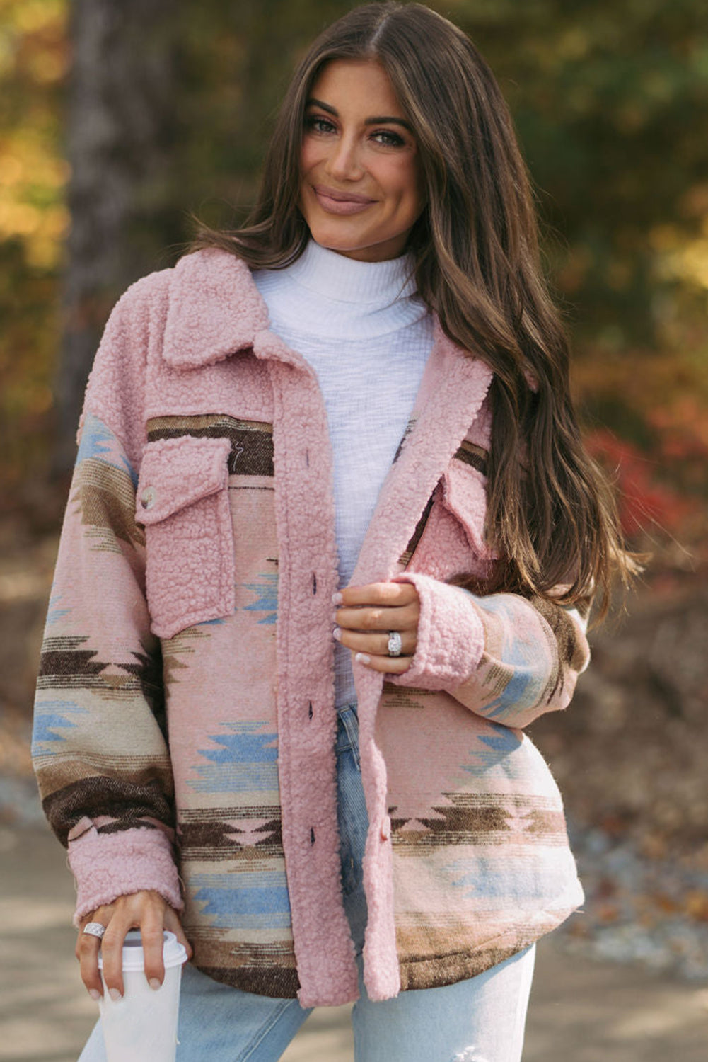 Western Aztec Print Sherpa Splicing Buttoned Flap Pocket Coat | Pink