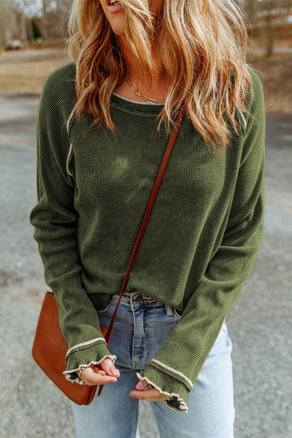 Green Textured Round Neck Long Sleeve Top | Pickle Green