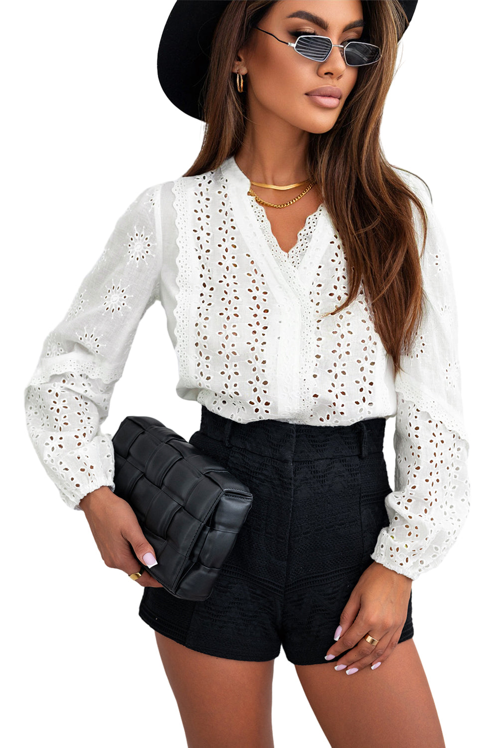 Eyelet Lace Puff Sleeve Split Neck Blouse | White