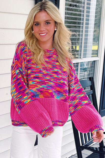 Rainbow Confetti Drop Shoulder Sweater | Bright Pink