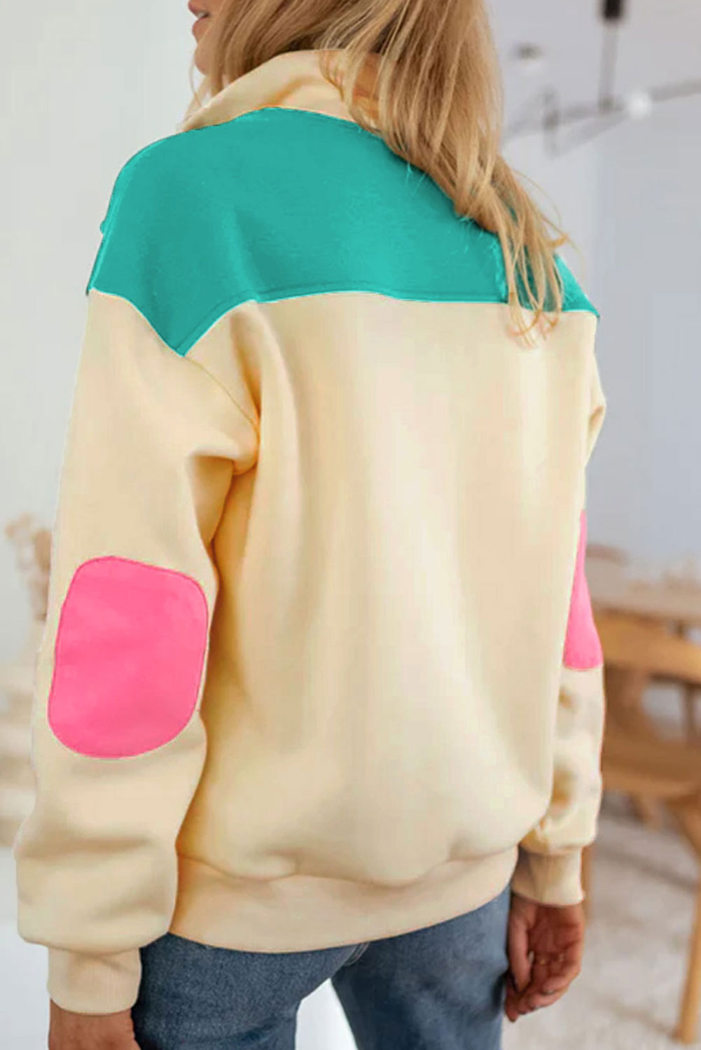 Colour Block Elbow Patch Half Button Sweatshirt | Apricot