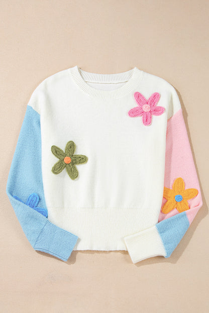 Floral Embroidered Colourblock Fuzzy Drop Shoulder Sweater | Multicolour