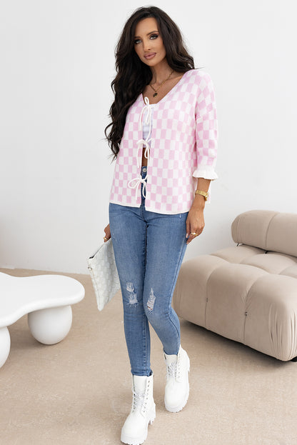 Checkered Knitted Lace-Up Ruffled 3/4 Sleeve Cardigan | Light Pink