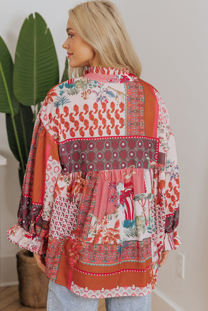 Boho Geometric Mixed Print Patchwork Bubble Sleeve Shirt | Red