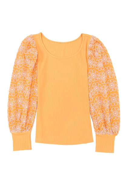 Flower Puff Sleeve Ribbed Knit Top | Yellow