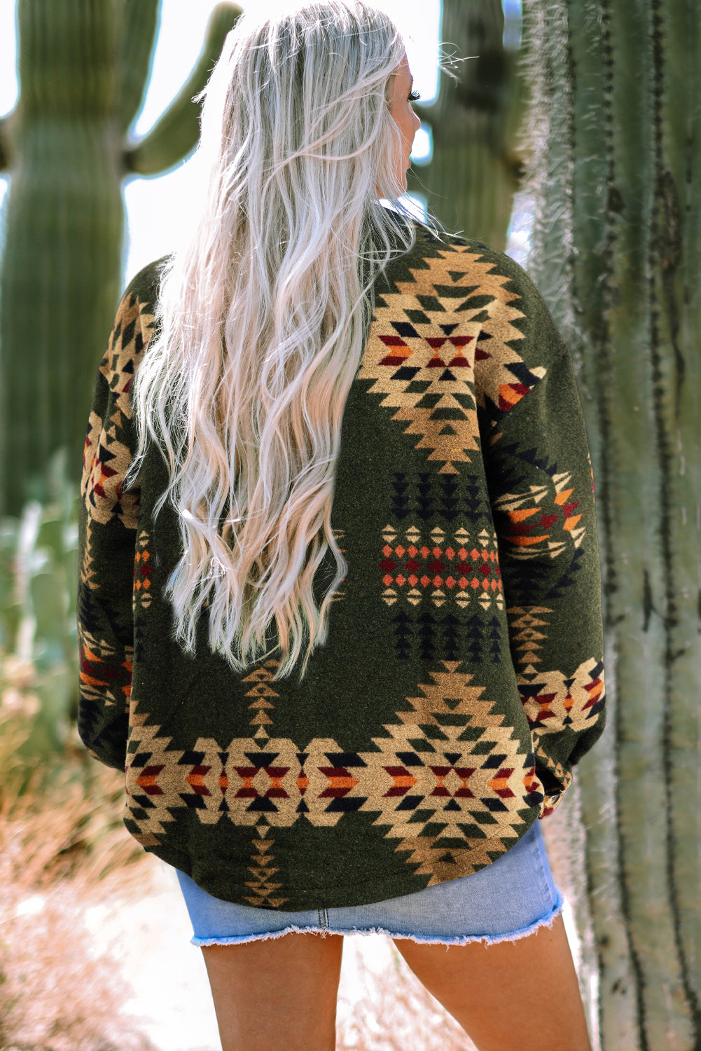 Aztec Print Flap Pockets Long Sleeve Shacket | Green