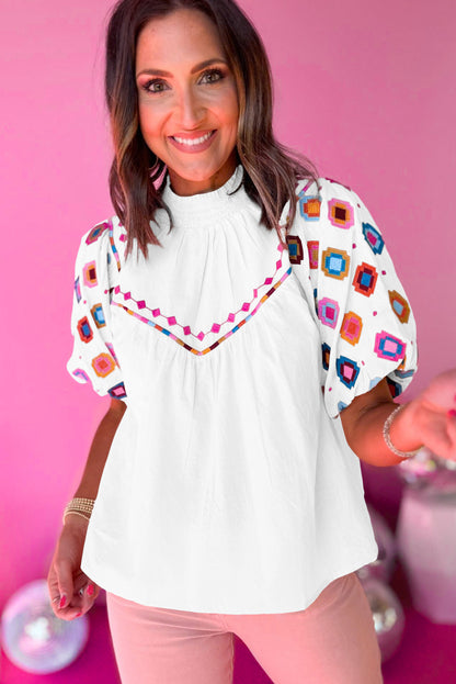 Embroidered Smocked Neck Puff Sleeve Top | White