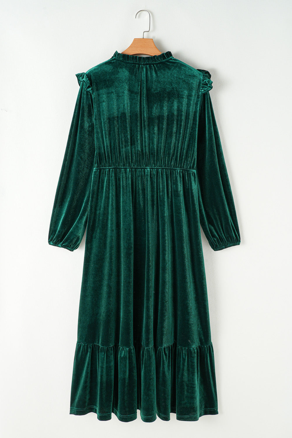 Velvet Frilled Up Neck Ruffled High Waist Plus Size Midi Dress | Blackish Green