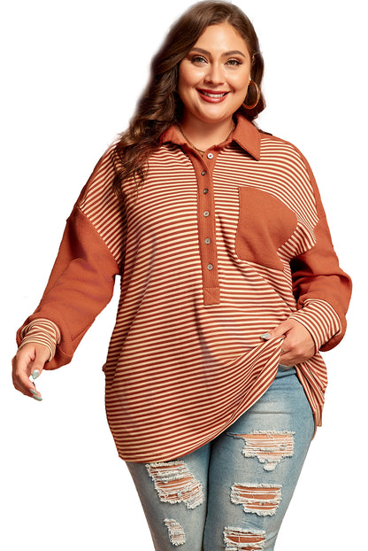 Textured Patched Drop Shoulder Buttoned Plus Size Sweatshirt | Red Stripe