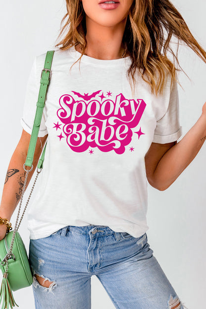 Spooky Babe Bat Print Halloween Crewneck T Shirt | White