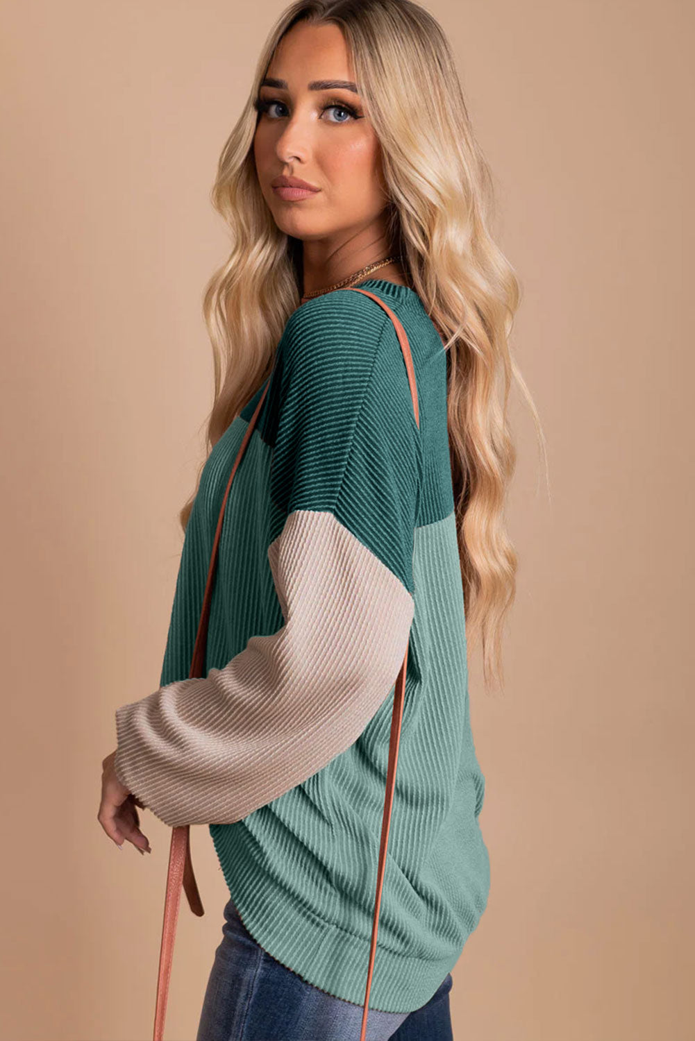 Colour Block Long Sleeve Ribbed Loose Top | Green