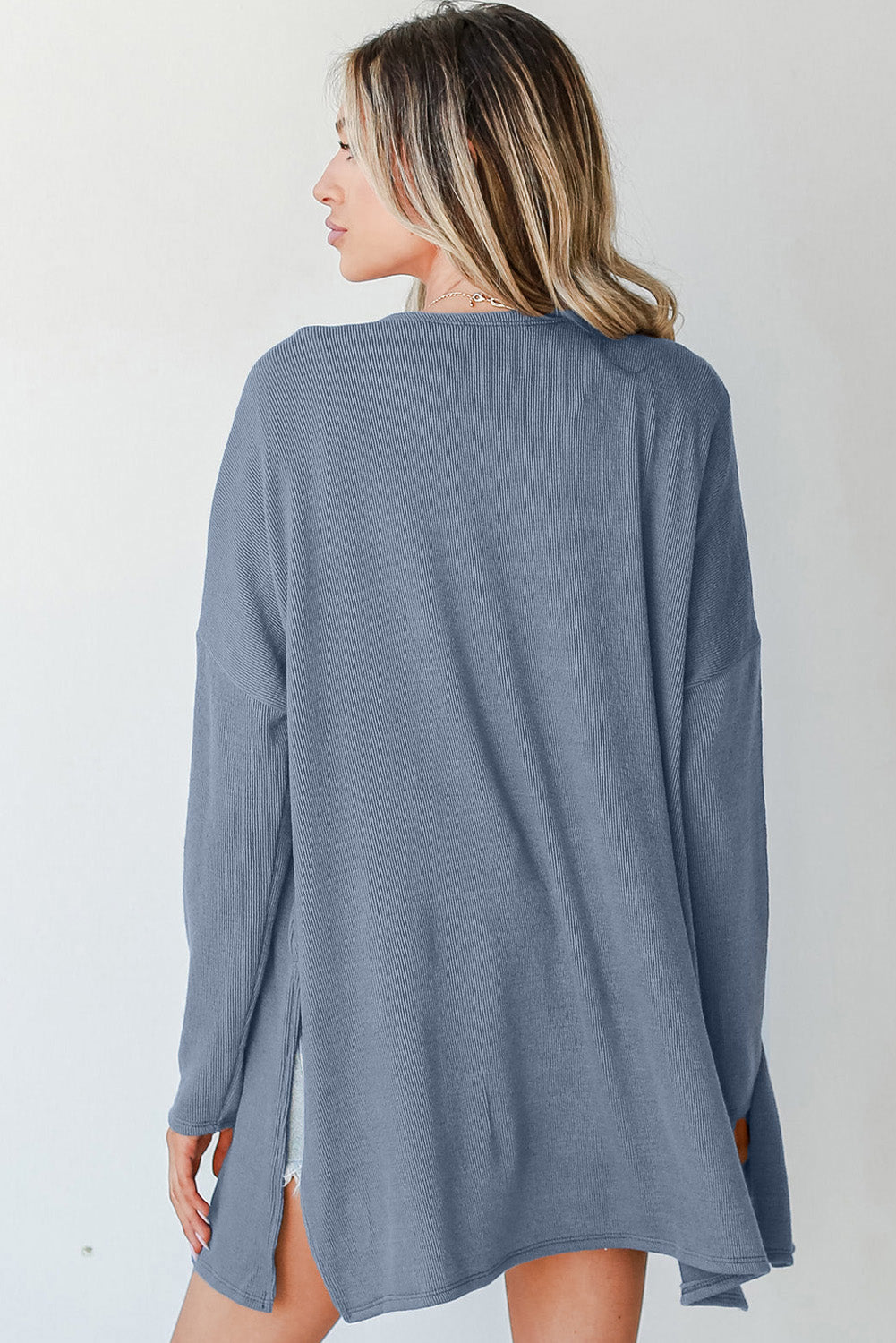 Solid Colour Rib Knit Open Front Tunic Cardigan | Ashleigh Blue