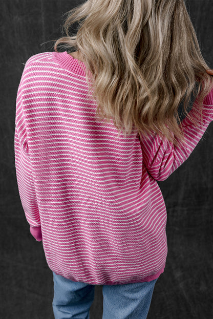 Striped Scallop V Neck Loose Sweater With Slits | Pink