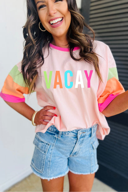 Vacay Printed Colour Block Half Sleeve Graphic T Shirt | Pink