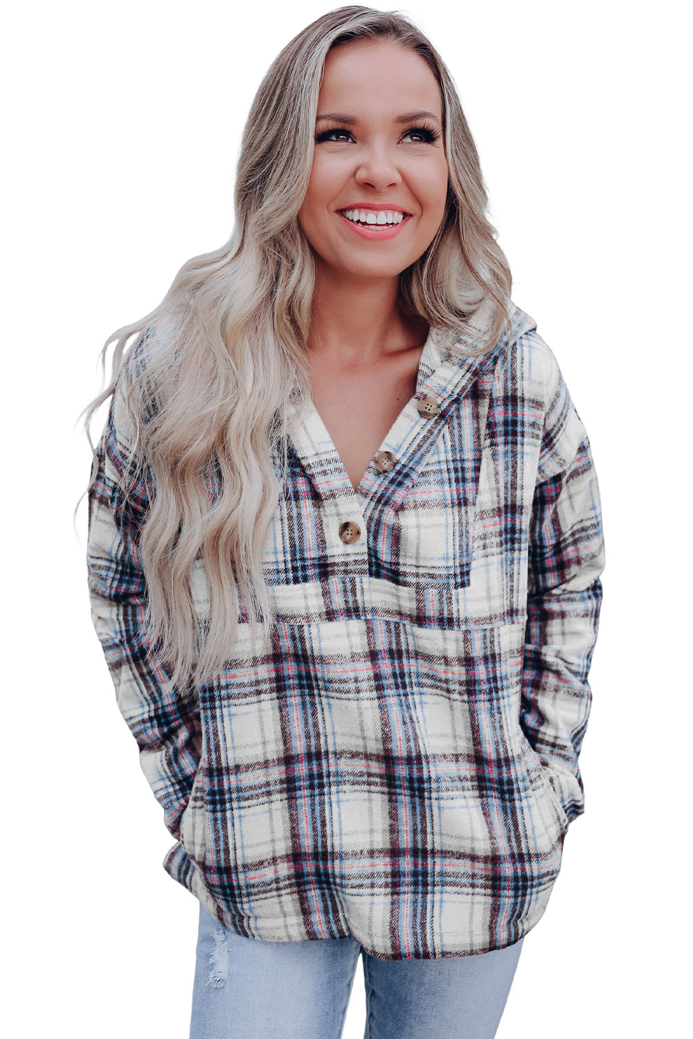 Plaid Button Neck Pocketed Pullover Hoodie | White