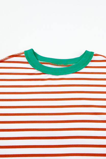 Oversized Contrast Trim Exposed Seam High Low T Shirt | Orange Stripe