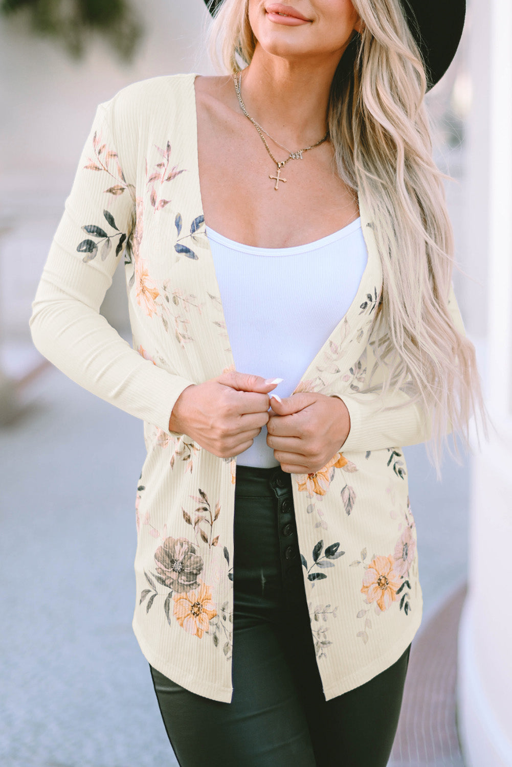 Floral Print Ribbed Knit Slim Fit Cardigan | Apricot