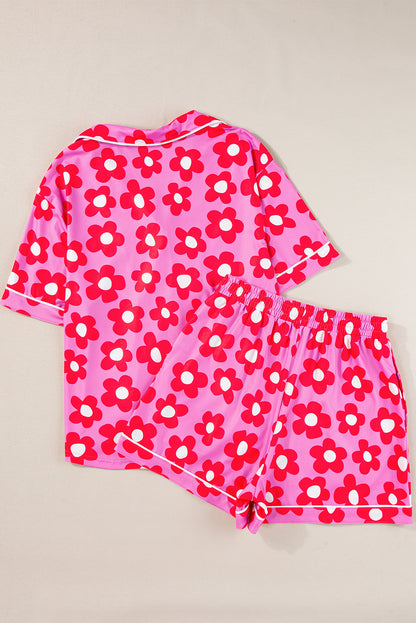 Flower Print Short Sleeve Shirt Pajamas Set | Pink