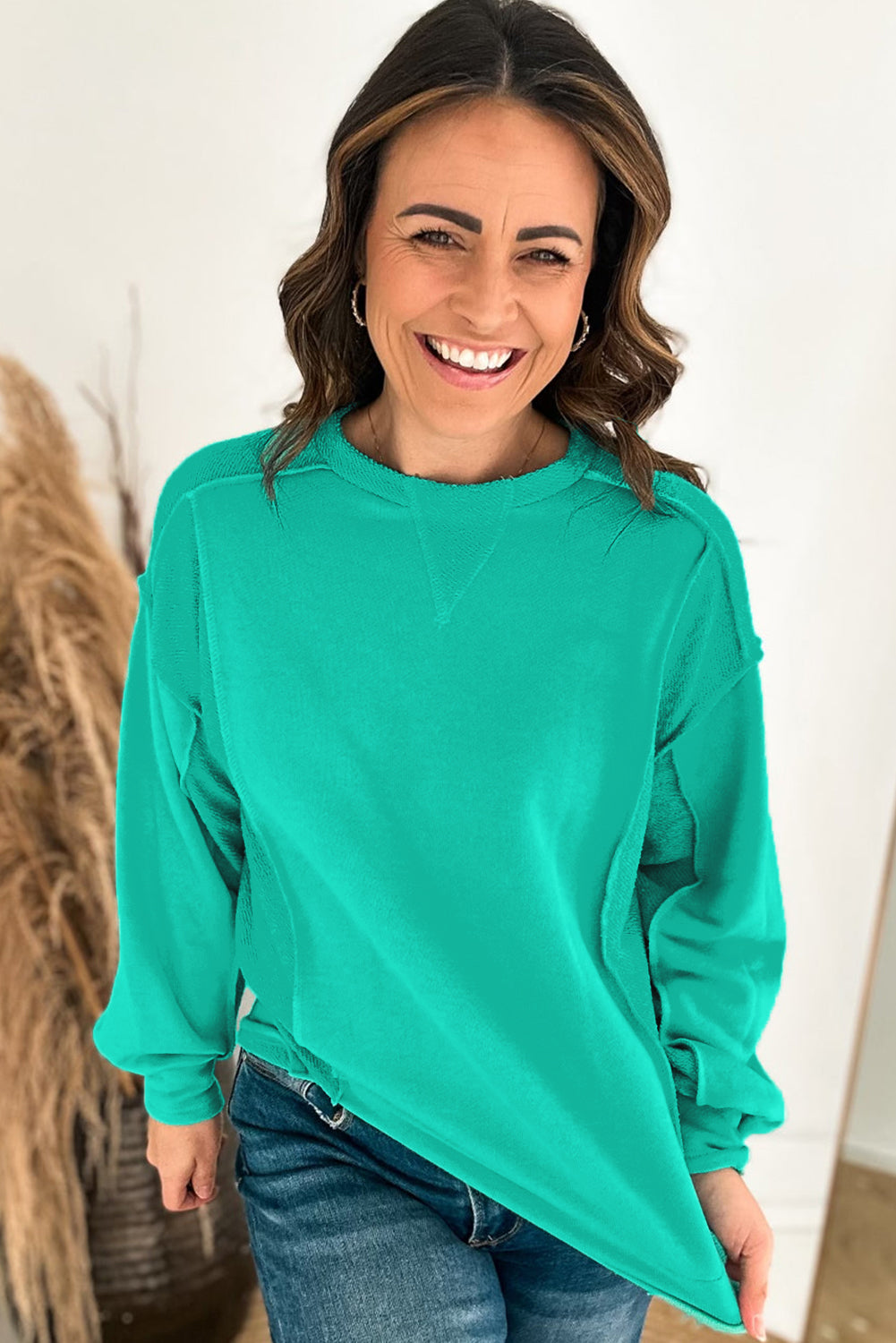 Splicing Round Neck Pullover Sweatshirt | Mint Green