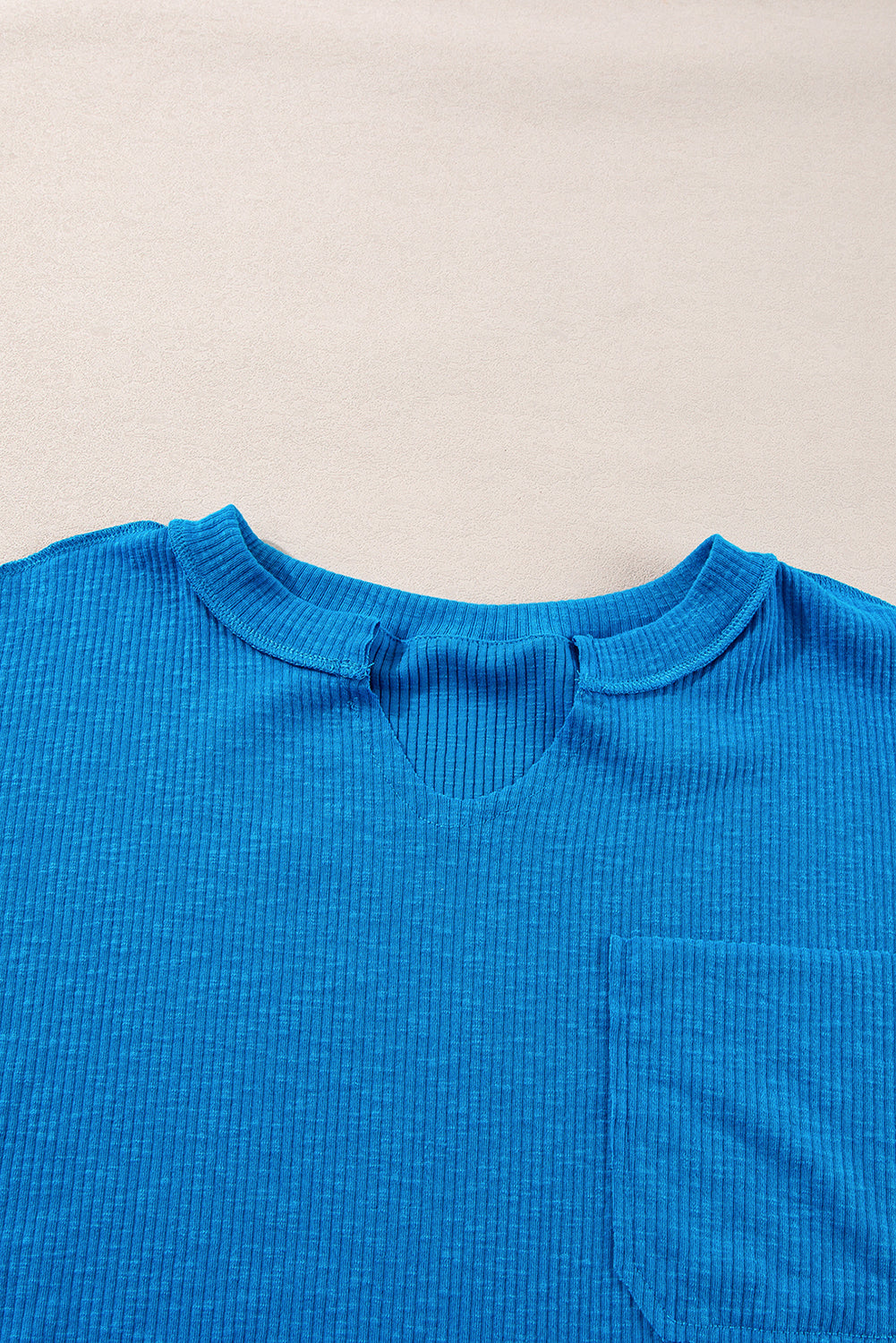 Ribbed Exposed Seam Knit V Neck Long Sleeve Top | Blue