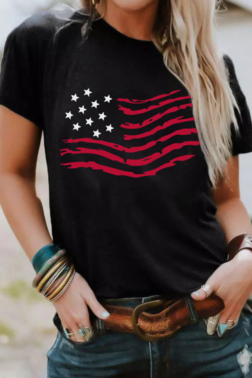 Black American Flag Graphic Crew Neck T Shirt