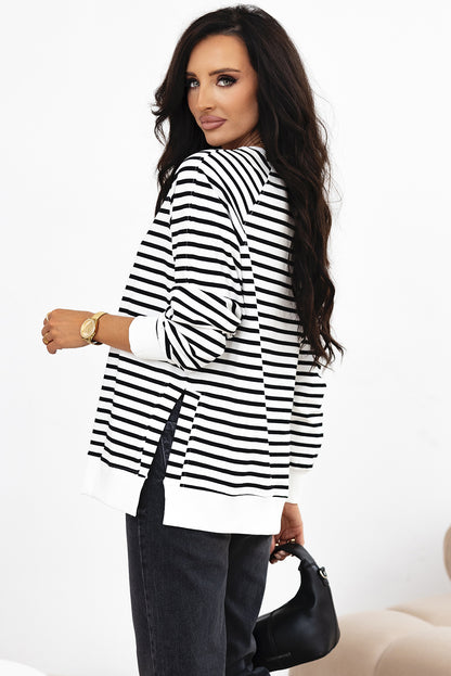 Raglan Sleeve Side Slits Loose Sweatshirt | Black Stripe