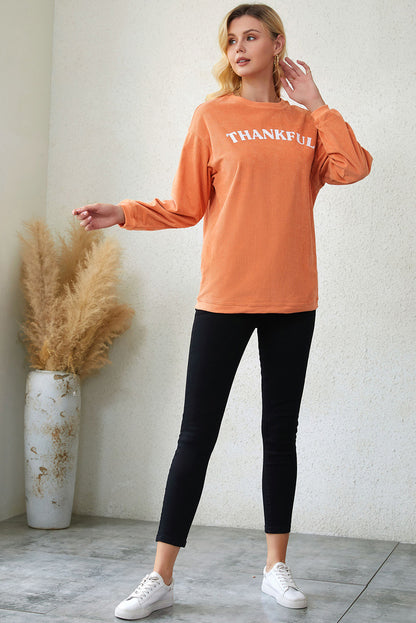 Thankful Letter Graphic Corded Sweatshirt | Orange