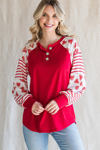 Heart Striped Raglan Sleeve Henley Top | Fiery Red