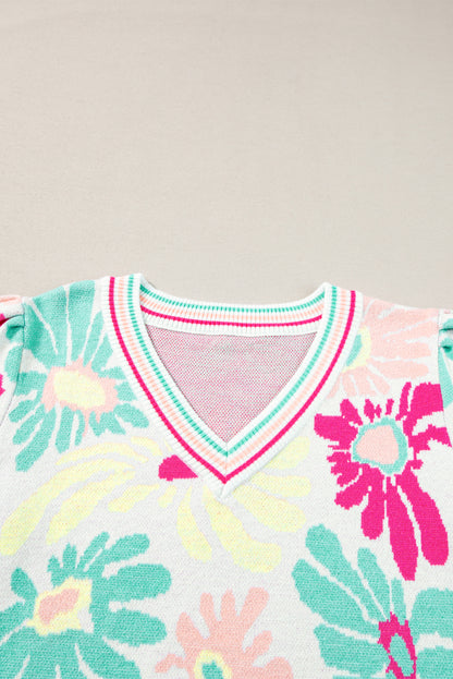 Floral Print V Neck Short Sleeve Sweater | Multicolour