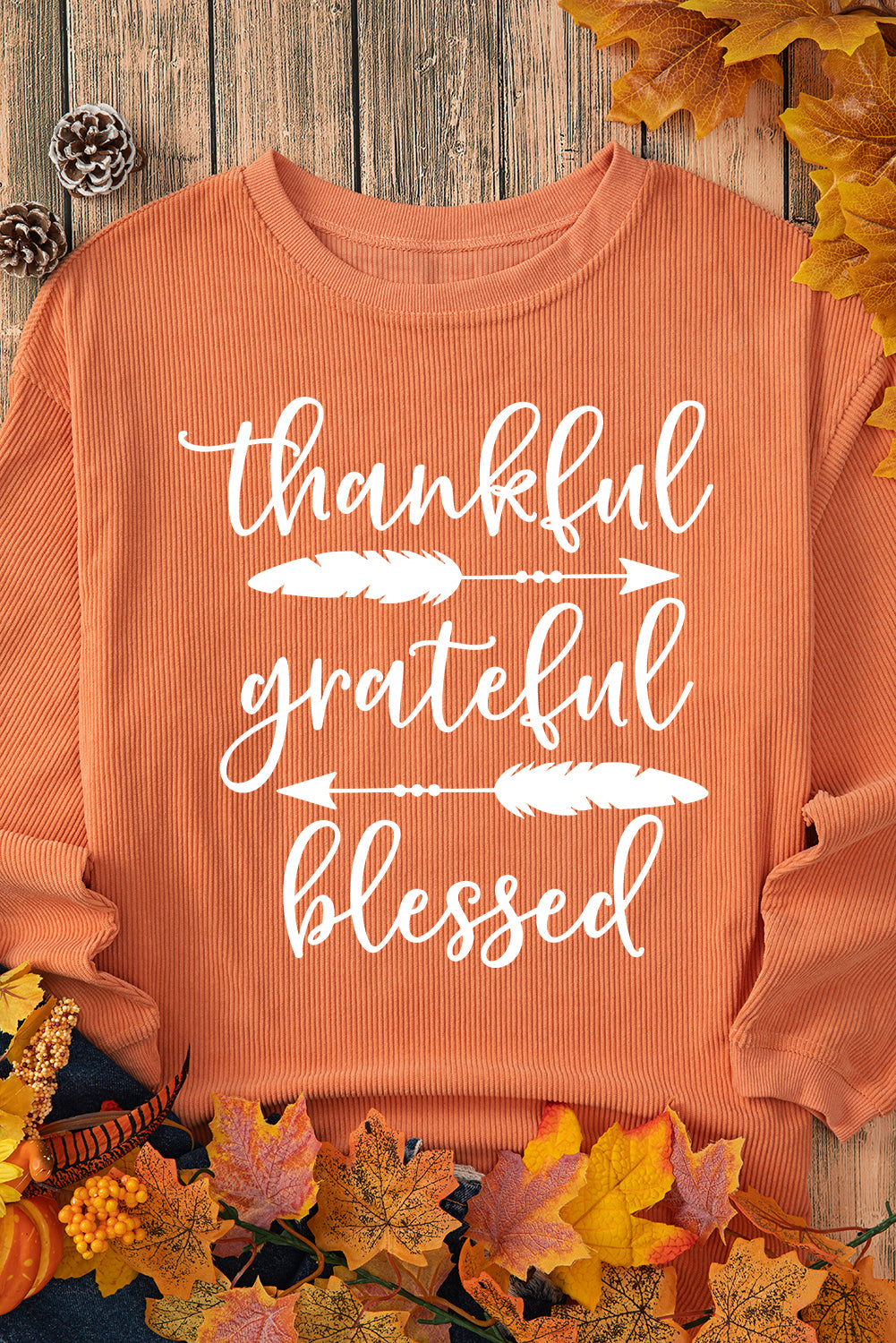 Thankful Grateful Blessed Arrow Graphic Corded Sweatshirt | Orange