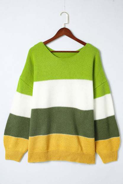 Plus Size Colour Block Patchwork Sweater | Green