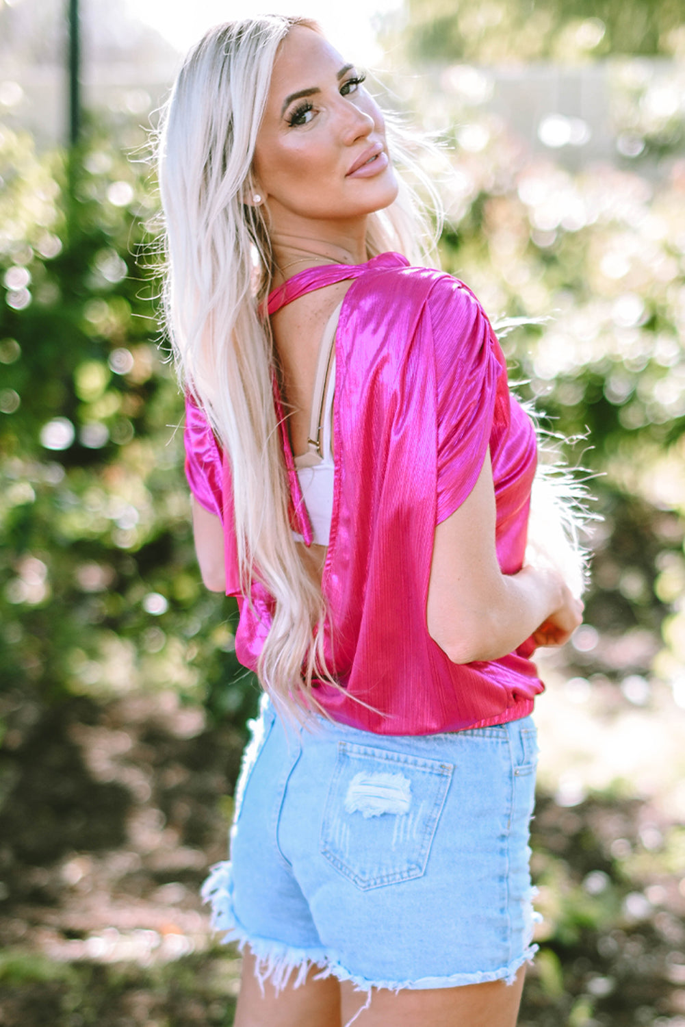 Ruched Sleeves Knotted Backless Blouse | Bright Pink