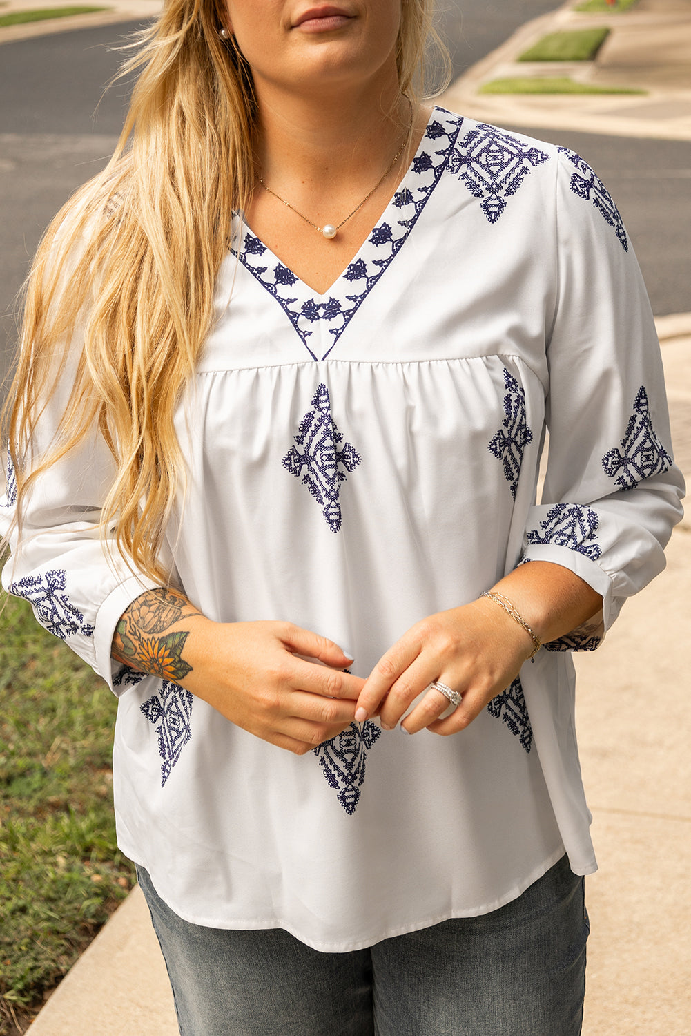 Boho Geometric Print V Neck Bracelet Sleeve Plus Size Blouse | White