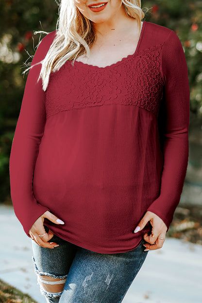 Fiery  Lace Crochet V Neck Long Sleeve Top | Red