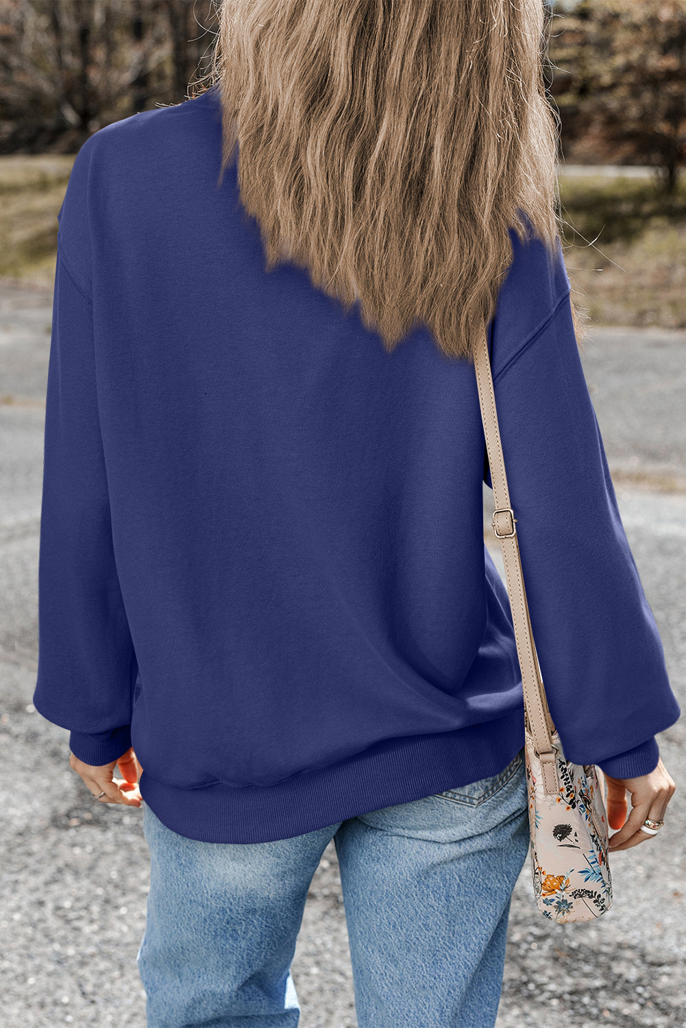 Plain Drop Shoulder Crewneck Pullover Sweatshirt | Navy Blue