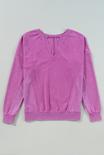 Solid Colour Notched Neck Drop Shoulder Sweatshirt | Bright Pink